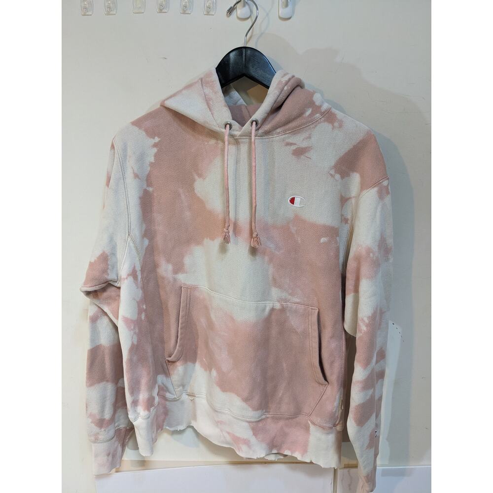 Champion Pink White Cream Reverse Weave Tie Dye Custom Pocket Hoodie Sz M